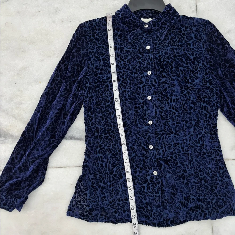 Y2K Merona Top Button Up Velvet Burnout Blue Silk Blouse Womens XS Whimsigoth - Picture 5 of 10
